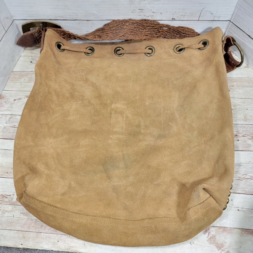 Leatherock Large  Studded Suede Bucket Hobo Handbag With Braided Strap - Picture 5 of 13